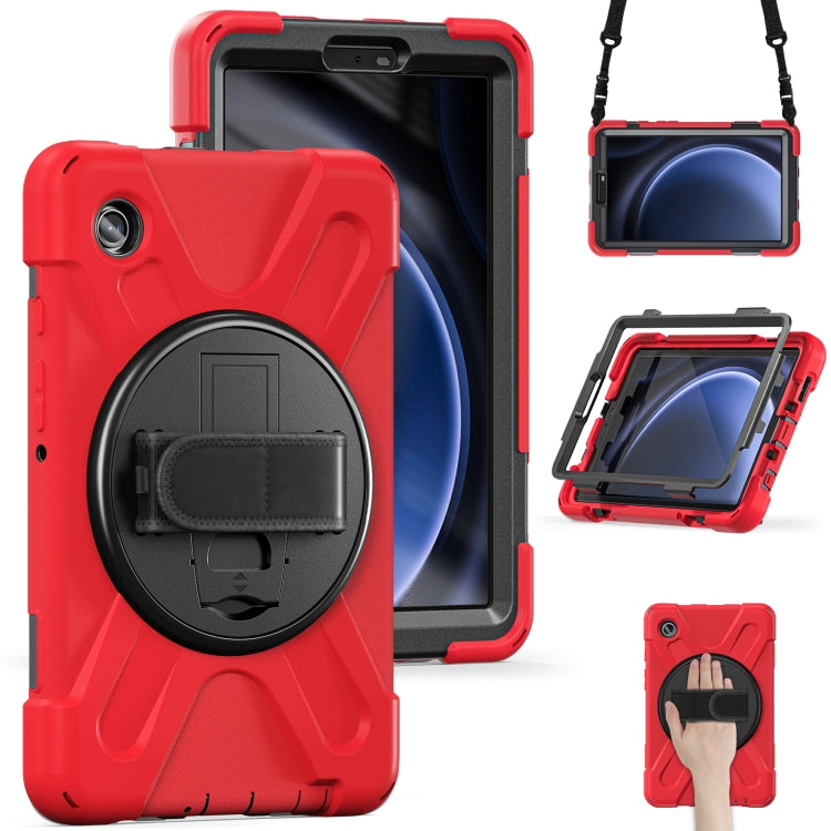 Samsung Galaxy Tab A9+ case featuring a rotary handle, pen slot, and shoulder strap, made from durable TPU and PC materials.